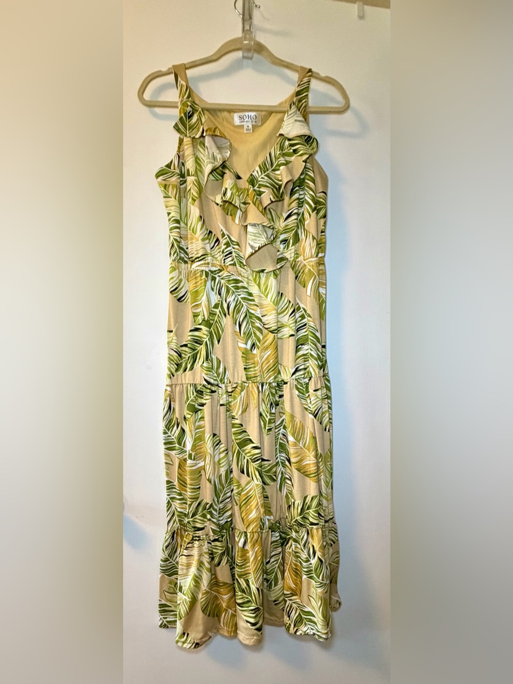 SOHO Beige Maxi Dress with Green Leaf Print and Ruffle V-Neckline